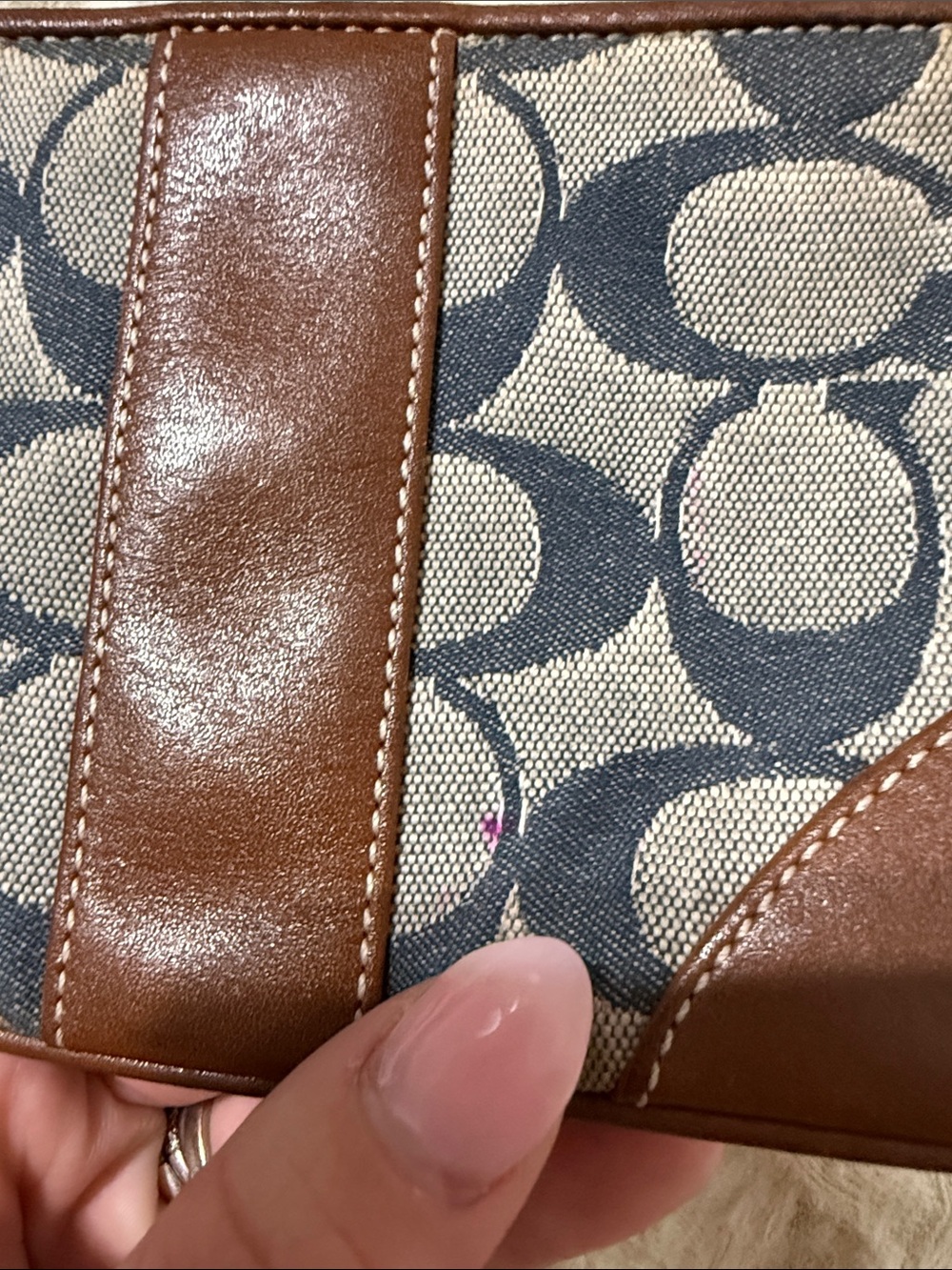 Coach Brown Leather & Navy Signature Canvas Wristlet - Picture 3 of 6